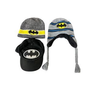 Batman Youth Hats Lot of 3 . One Baseball Cap And 2 Toboggan/Beanies. Bat Symbol